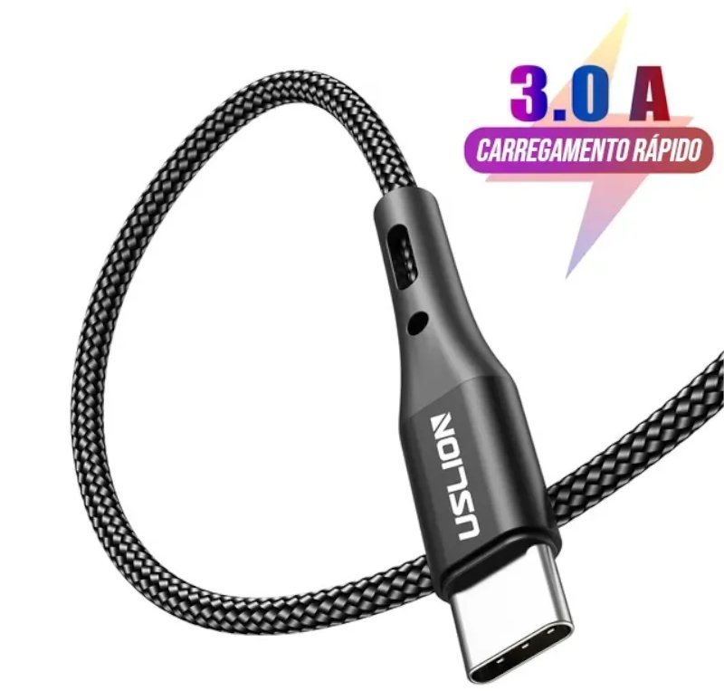 Cabo USB Tipo C 3 Metros Nylon com Carregamento Rápido