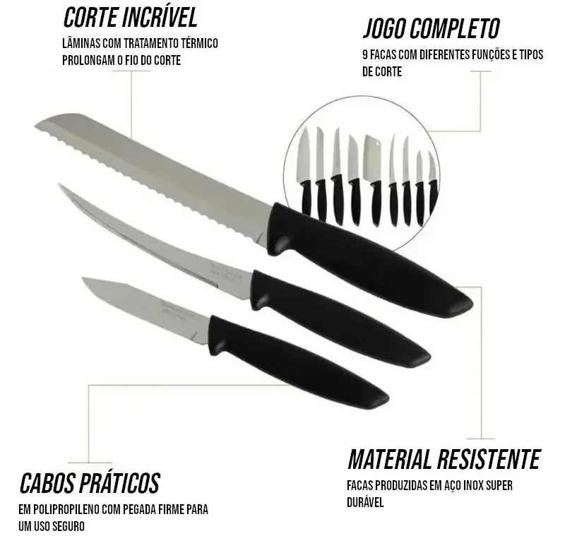 Jogo de Facas Inox Profissional 9 Peças