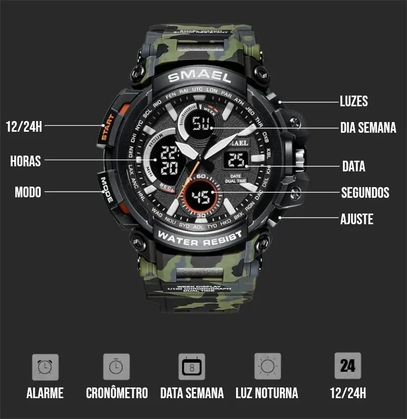Relógio Esportivo Masculino Militar à Prova d'Água