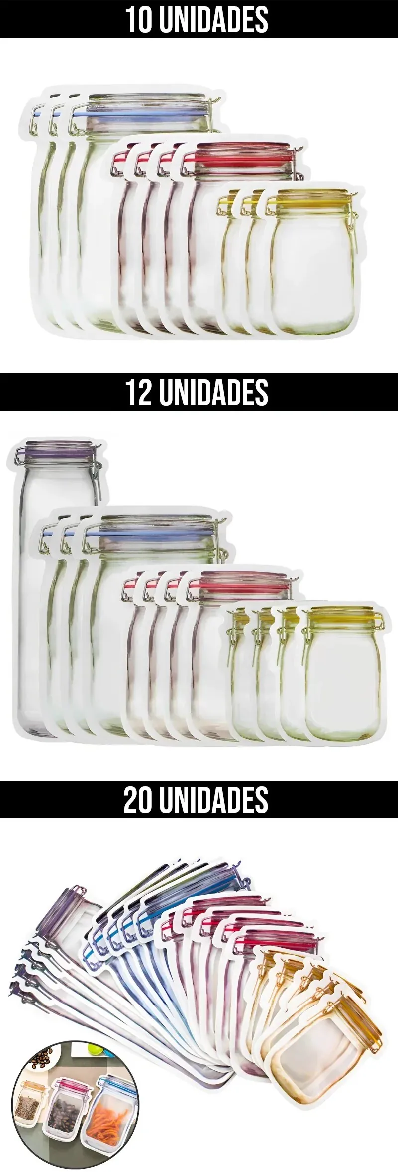 Saquinhos Zip Reutilizáveis para Alimentos Herméticos