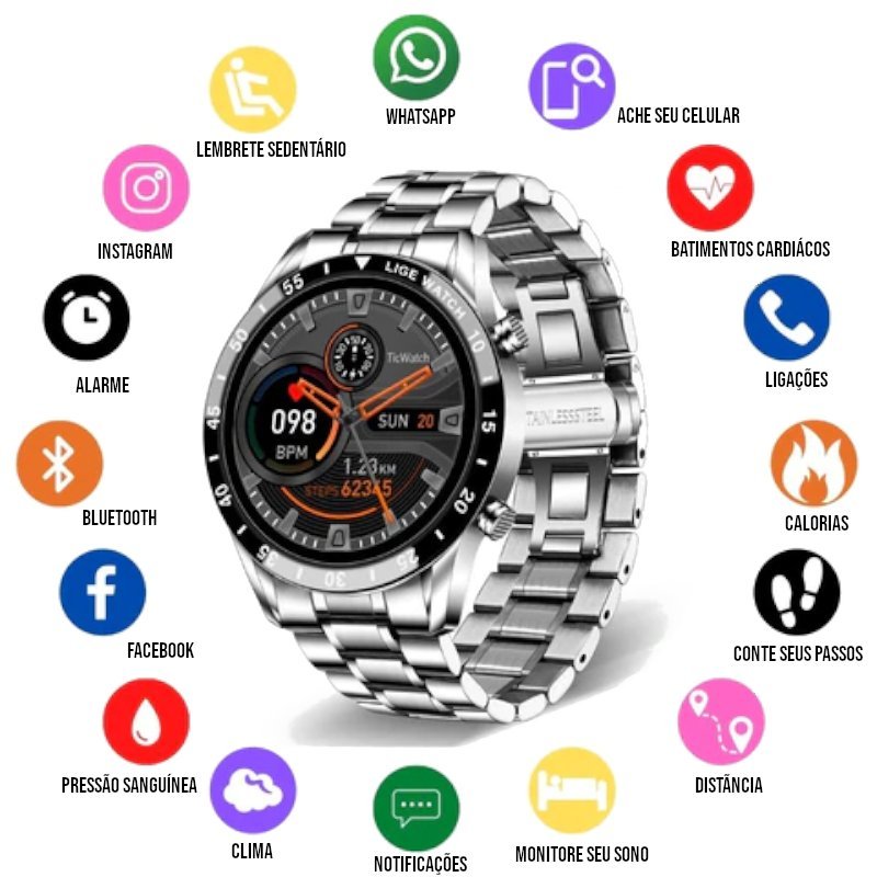 Smartwatch de Luxo com Pulseira de Aço e Bluetooth