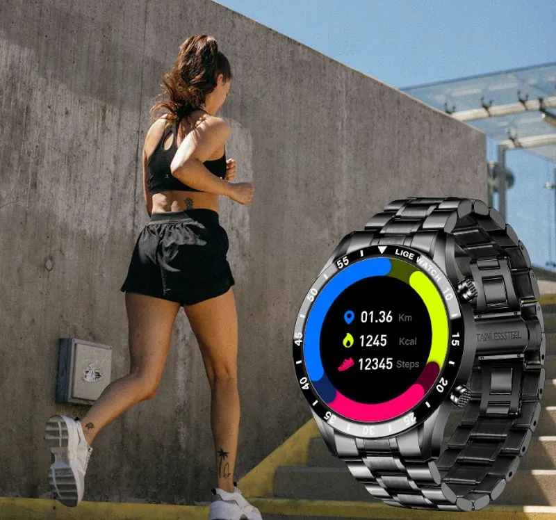 Smartwatch de Luxo com Pulseira de Aço e Bluetooth
