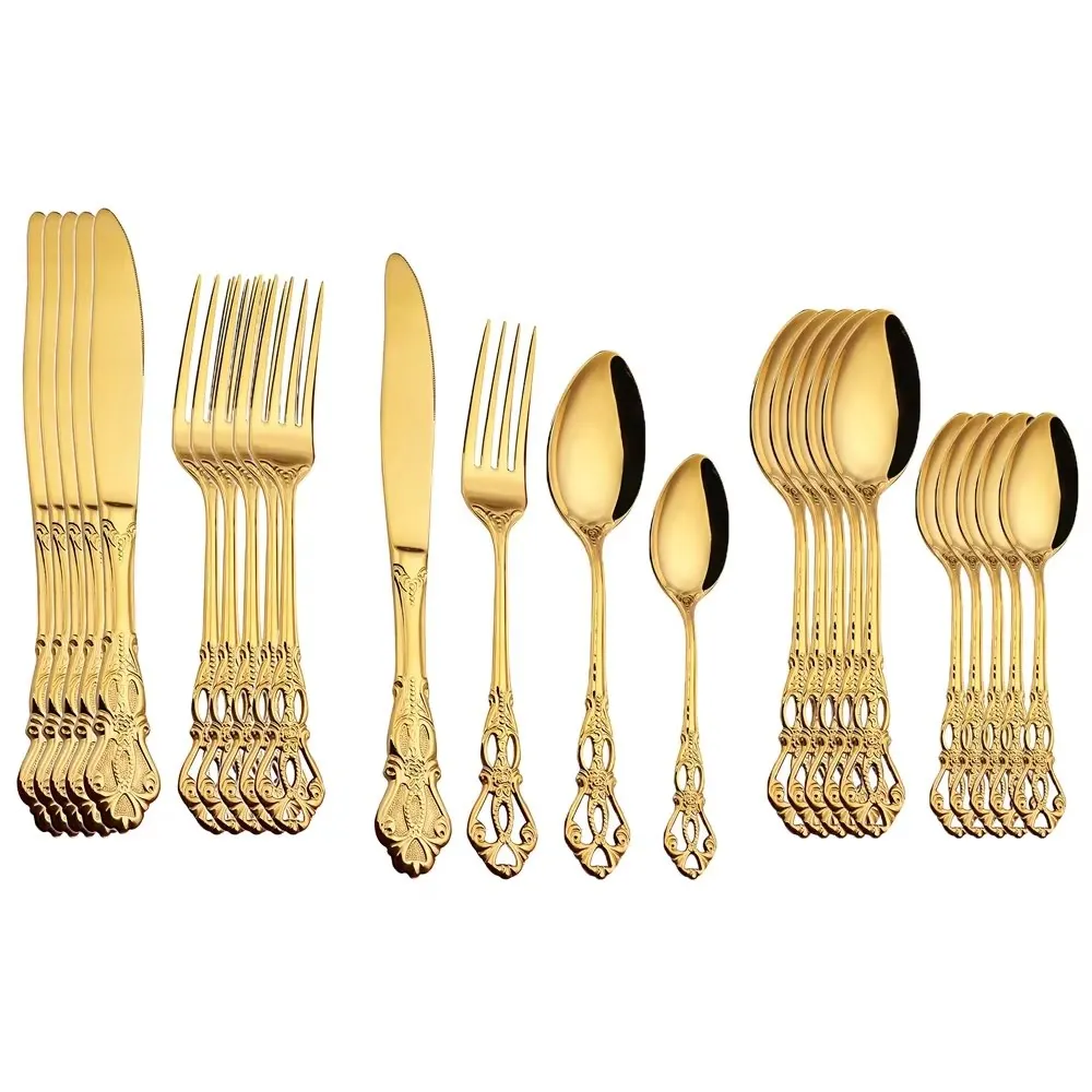 talheres-luxo-aco-inoxidavel_4 Faqueiro Inox 24 Peças Dourado Luxo para Mesa Posta - Imagem 1