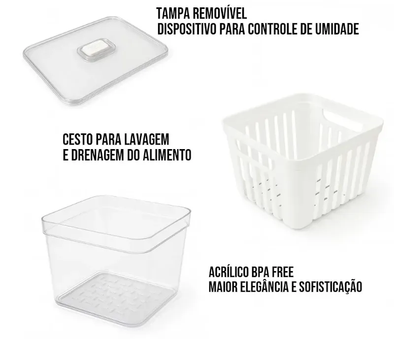 Kit Organizador de Geladeira Acrílico com Tampa para Alimentos